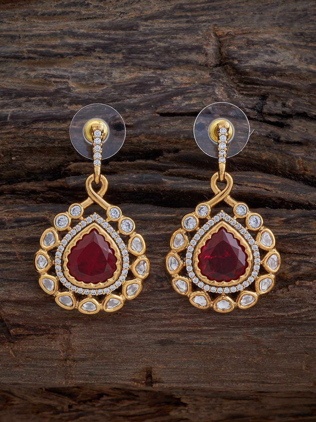 

Kushal's Fashion Jewellery Copper Kundan Studded Teardrop Shaped Drop Earrings, Red