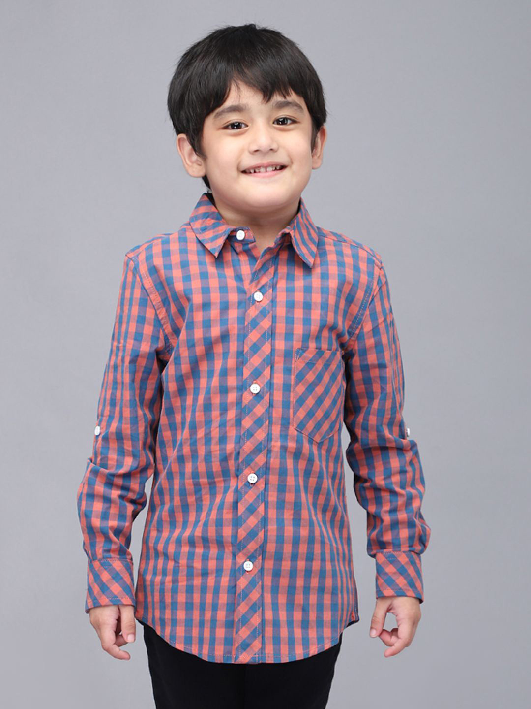 

Biglilpeople Boys Standard Spread Collar Checked Cotton Casual Shirt, Navy blue