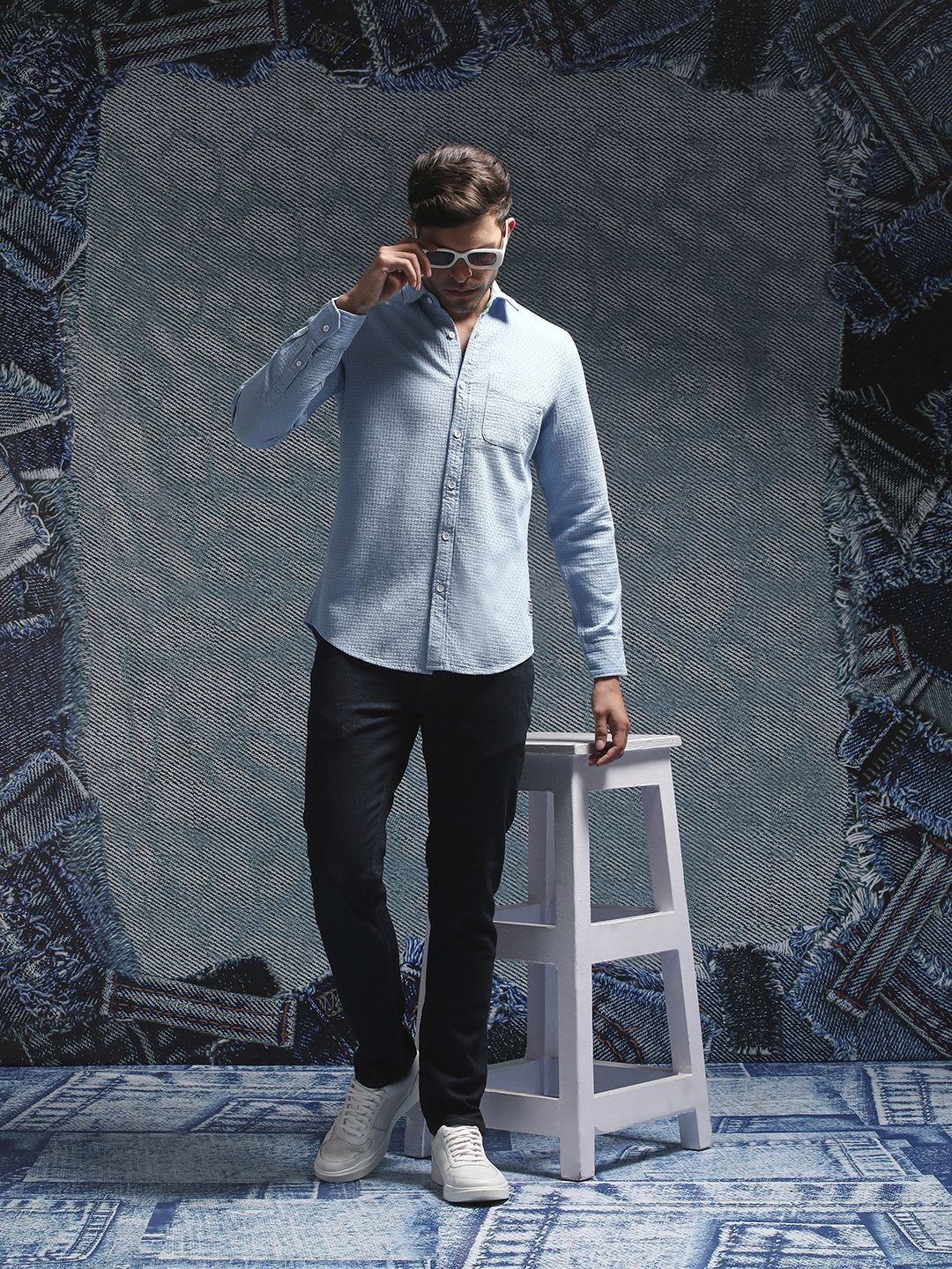 

Henceforth Men Self Design Spread Collar Cotton Casual Shirt, Blue