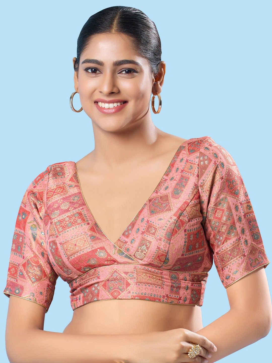 

Mmore Brocade Printed Saree Blouse, Pink