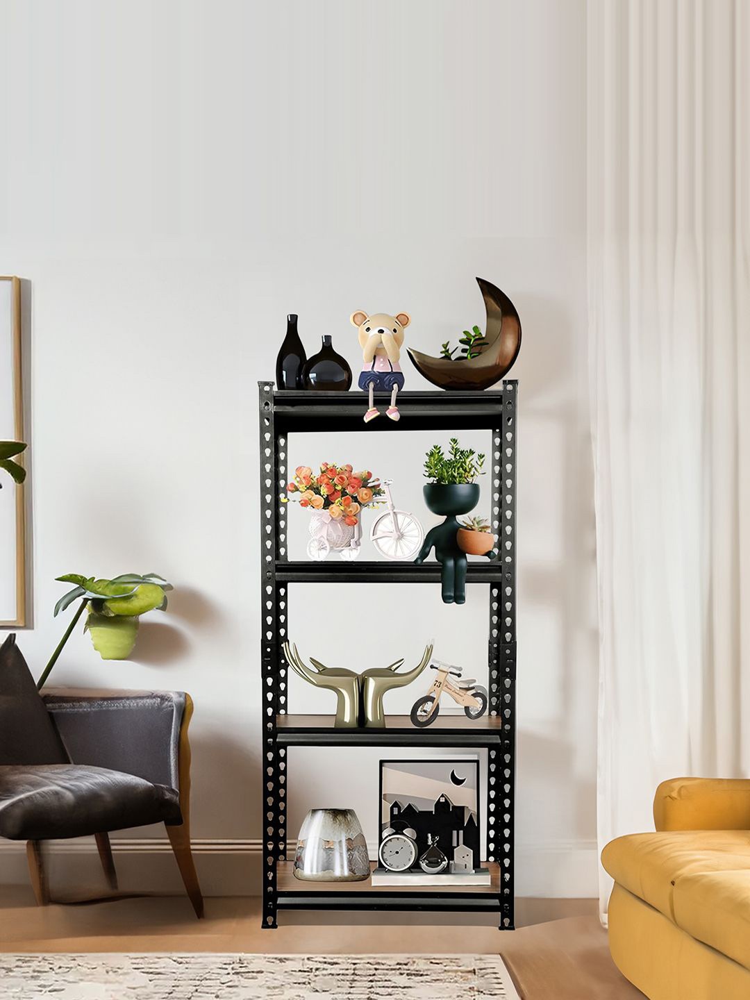 

Kuber Industries Black & Brown 4-Tired Iron Organizer Rack