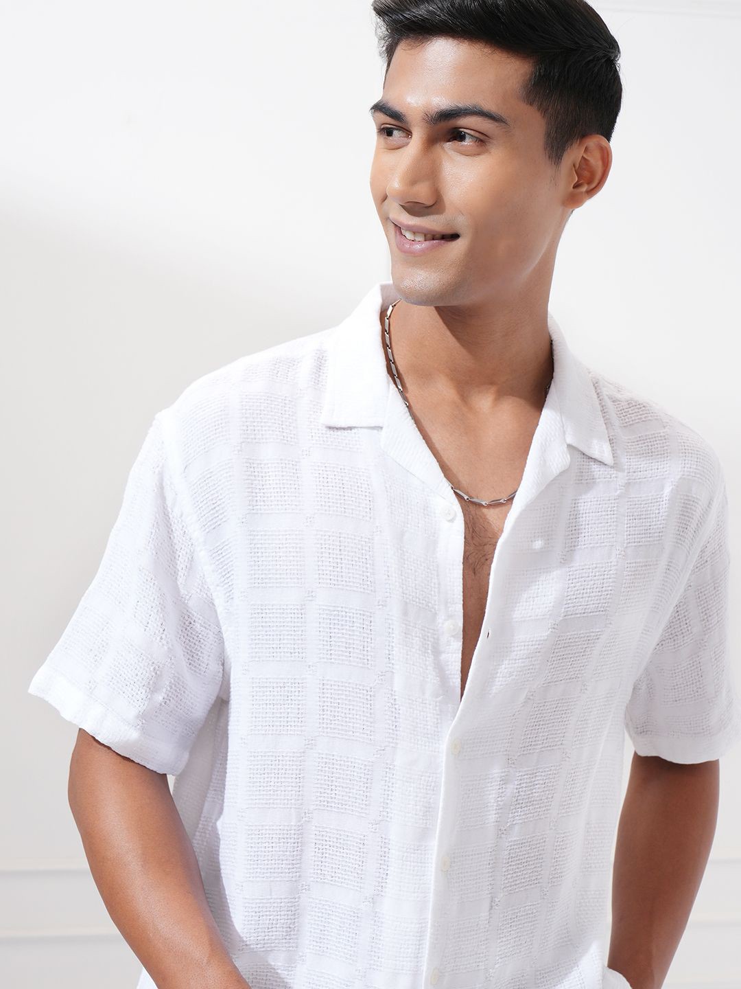 

Highlander Men Dobby Textured Solid Cuban Collar Relaxed Shirt, White