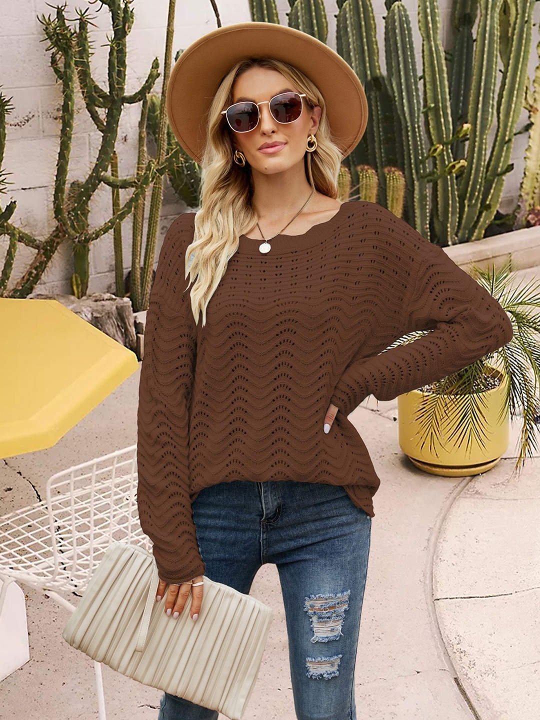 

StyleCast Women Solid Round Neck Pullover, Brown