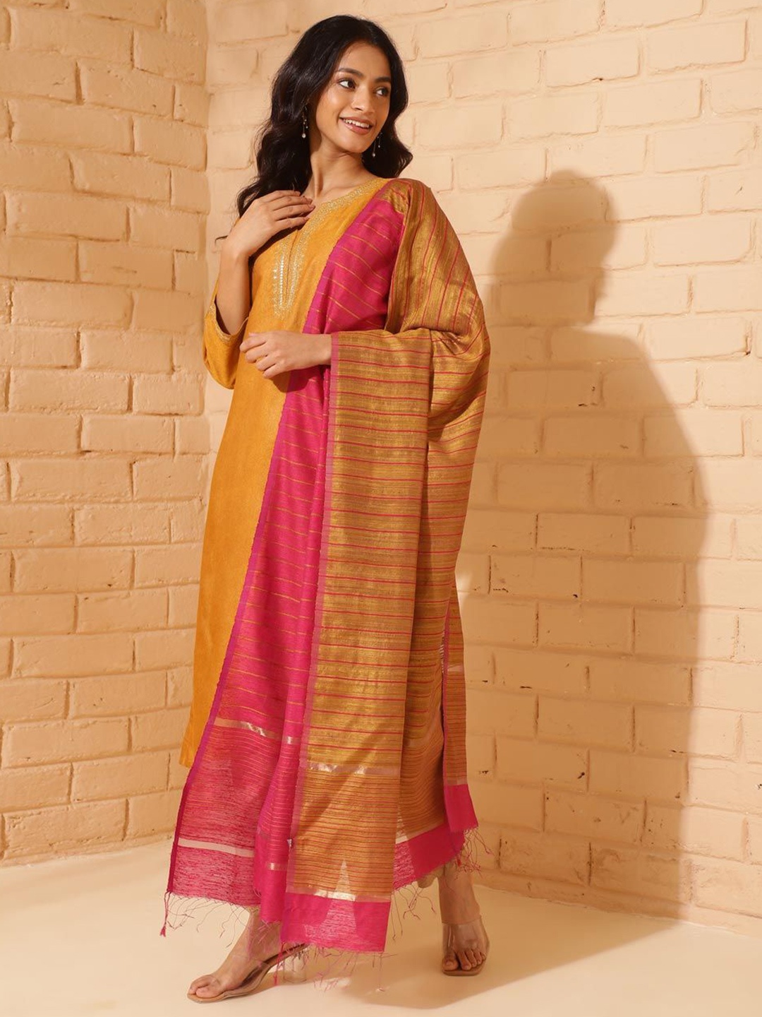 

Fabindia Striped Silk Dupatta, Pink