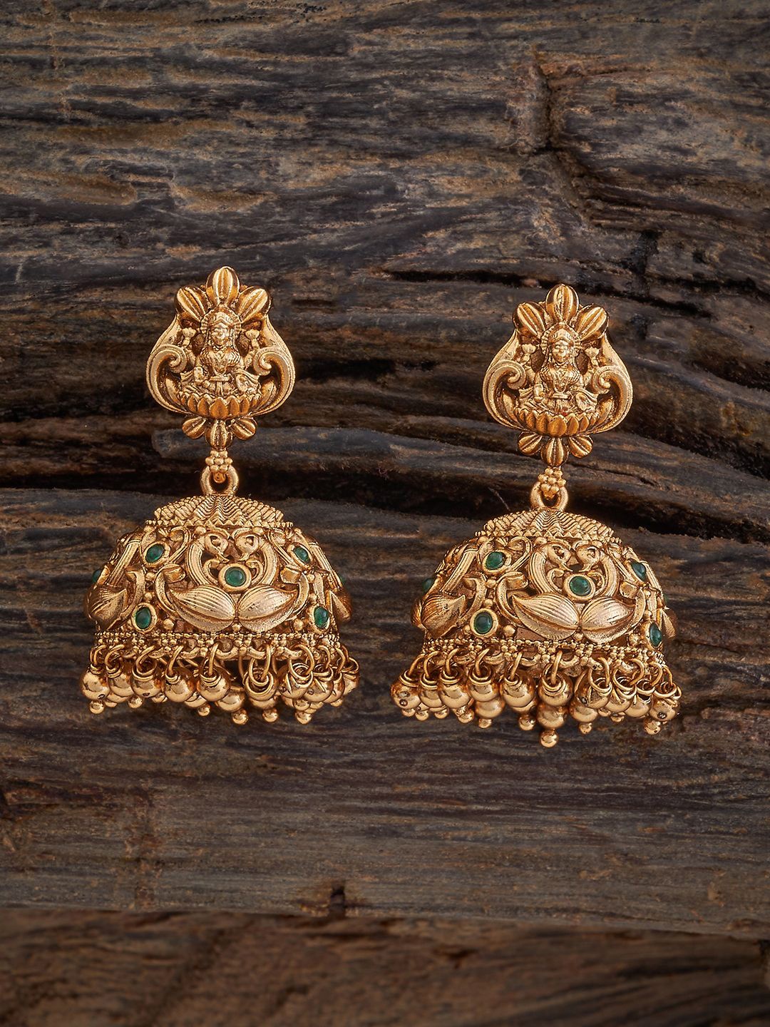 

Kushal's Fashion Jewellery Gold-Plated Temple Dome Shaped Jhumkas Earrings, Green