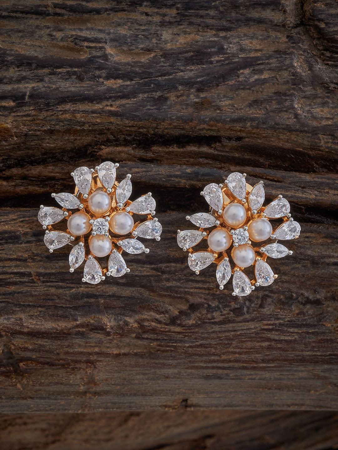 

Kushal's Fashion Jewellery Rhodium-Plated Zircon Studded & Beaded Floral Studs, Gold