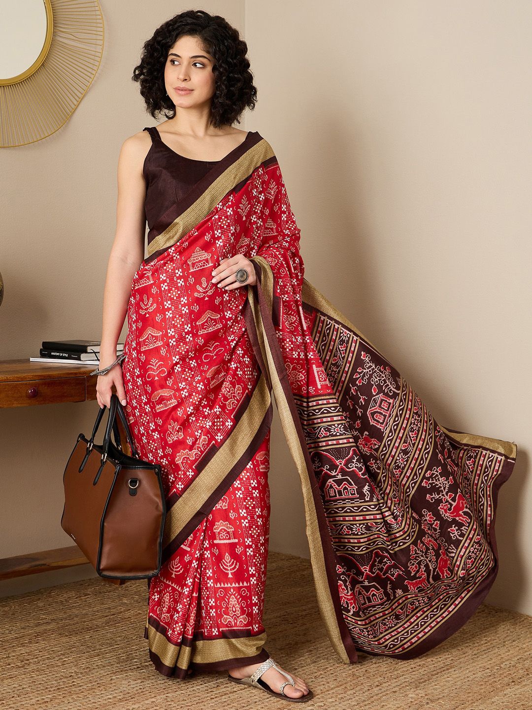 

KALINI Warli Silk Blend Ready to Wear Sambalpuri Saree, Red