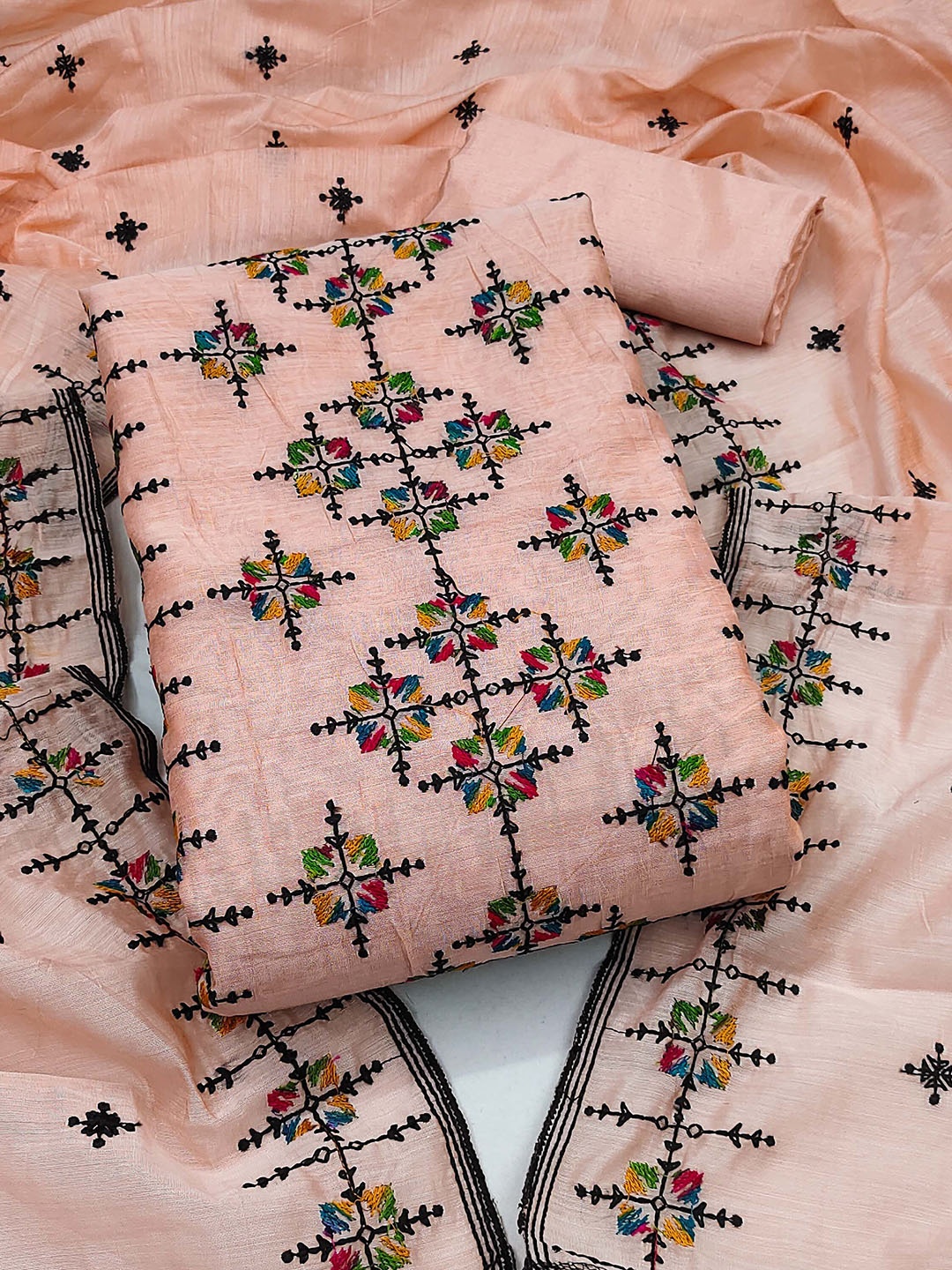 

KALINI Geometric Embroidered Zari Unstitched Dress Material, Peach