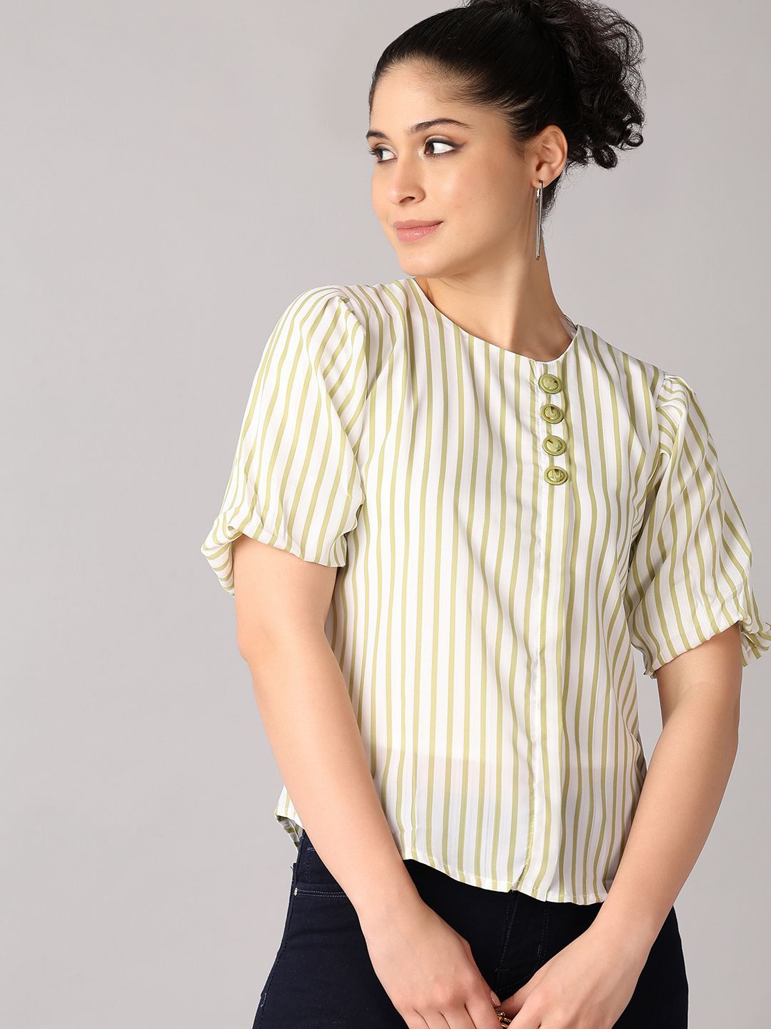 

V-Mart Women Vertical Striped Round Neck Cotton Top, Green