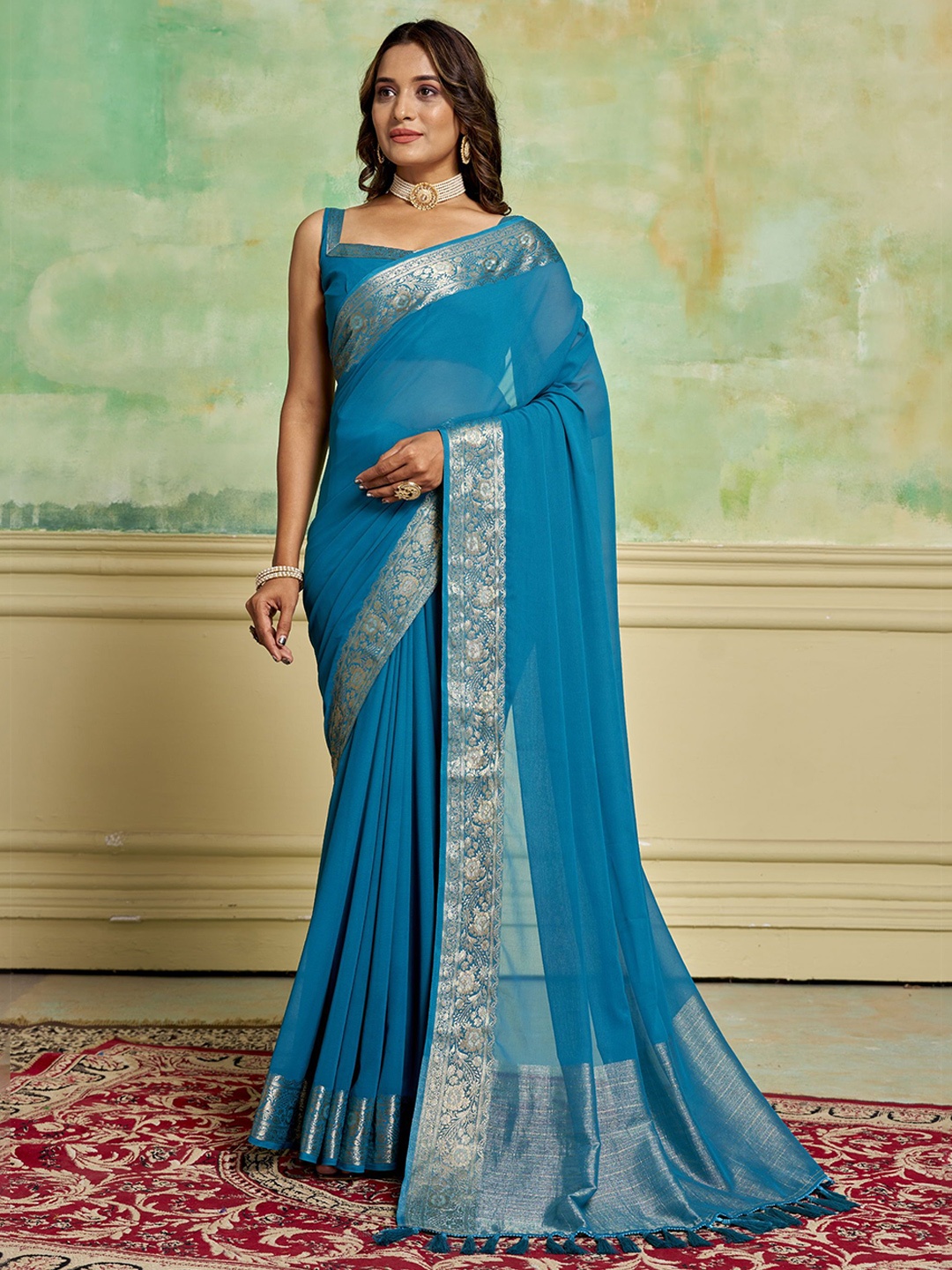 

KAYOMMI Zari Pure Georgette Banarasi Saree, Blue