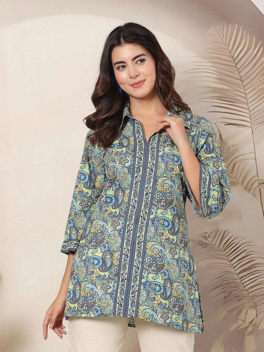 

Nayam By Lakshita Women Paisley Printed Flared Sleeves Kurti, Blue