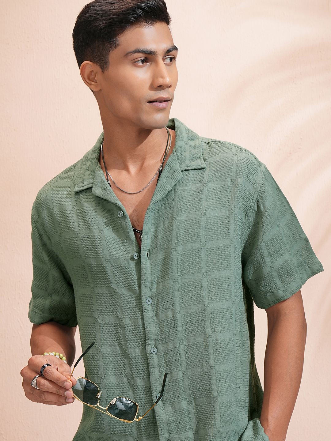 

Highlander Men Olive Dobby Textured Solid Cuban Collar Relaxed Shirt
