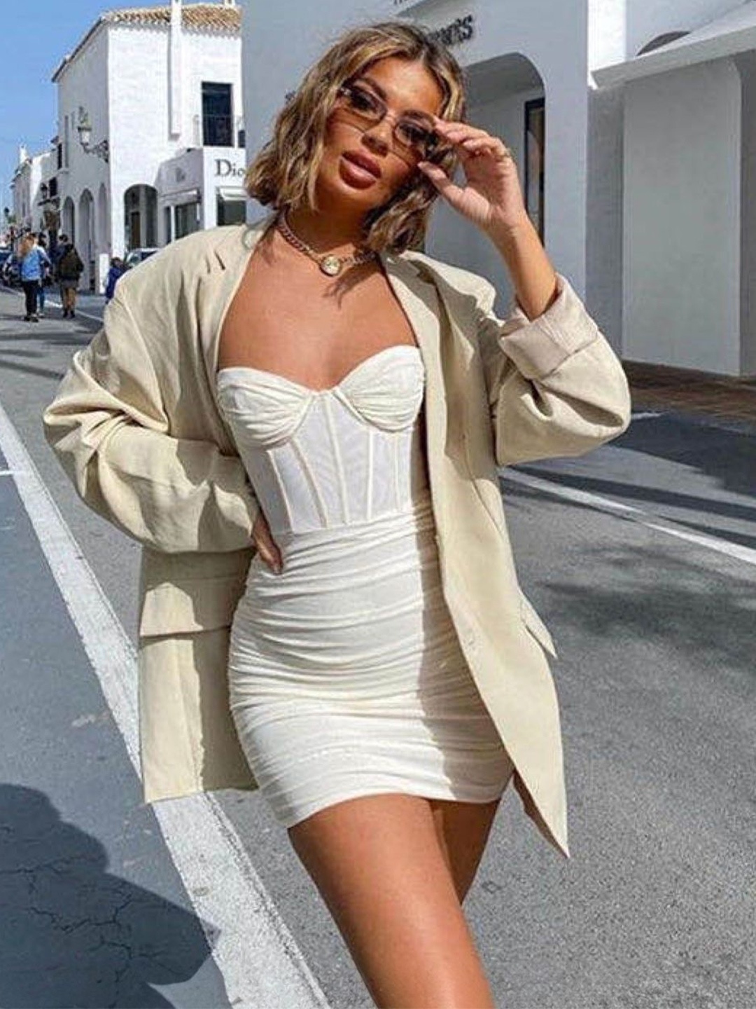

KPOP Women Solid Shoulder Straps Bodycon Mini Dress, White