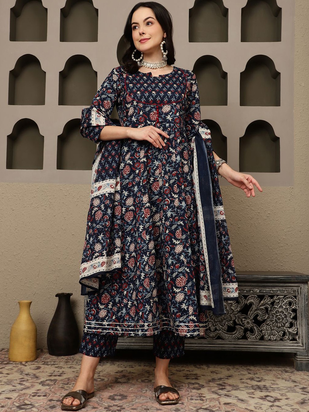 

Sangria Navy Blue Floral Printed Pure Cotton Anarkali Kurta With Trousers & Dupatta