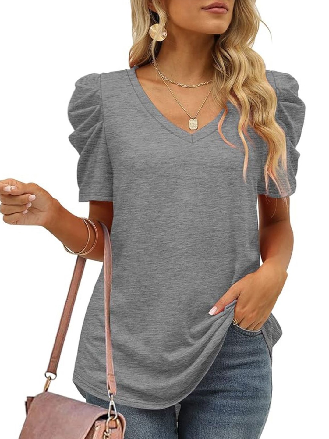 

KPOP Women Solid V-Neck Top, Grey