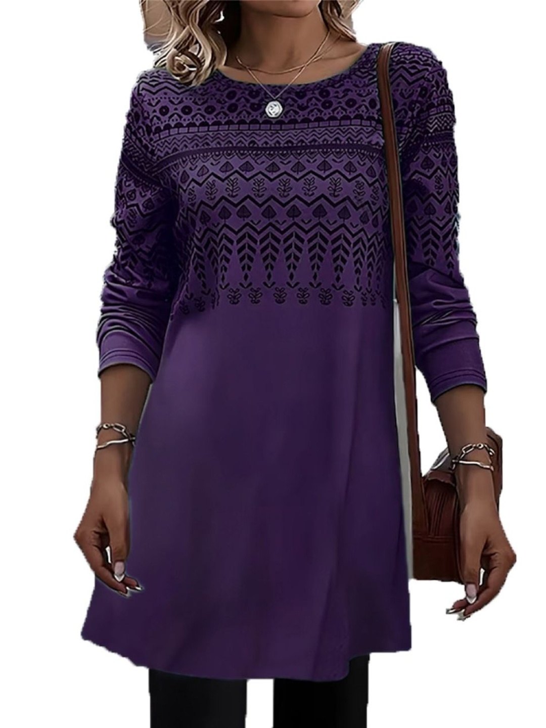 

KPOP Women Ethnic Motifs Printed A-Line Dress, Purple
