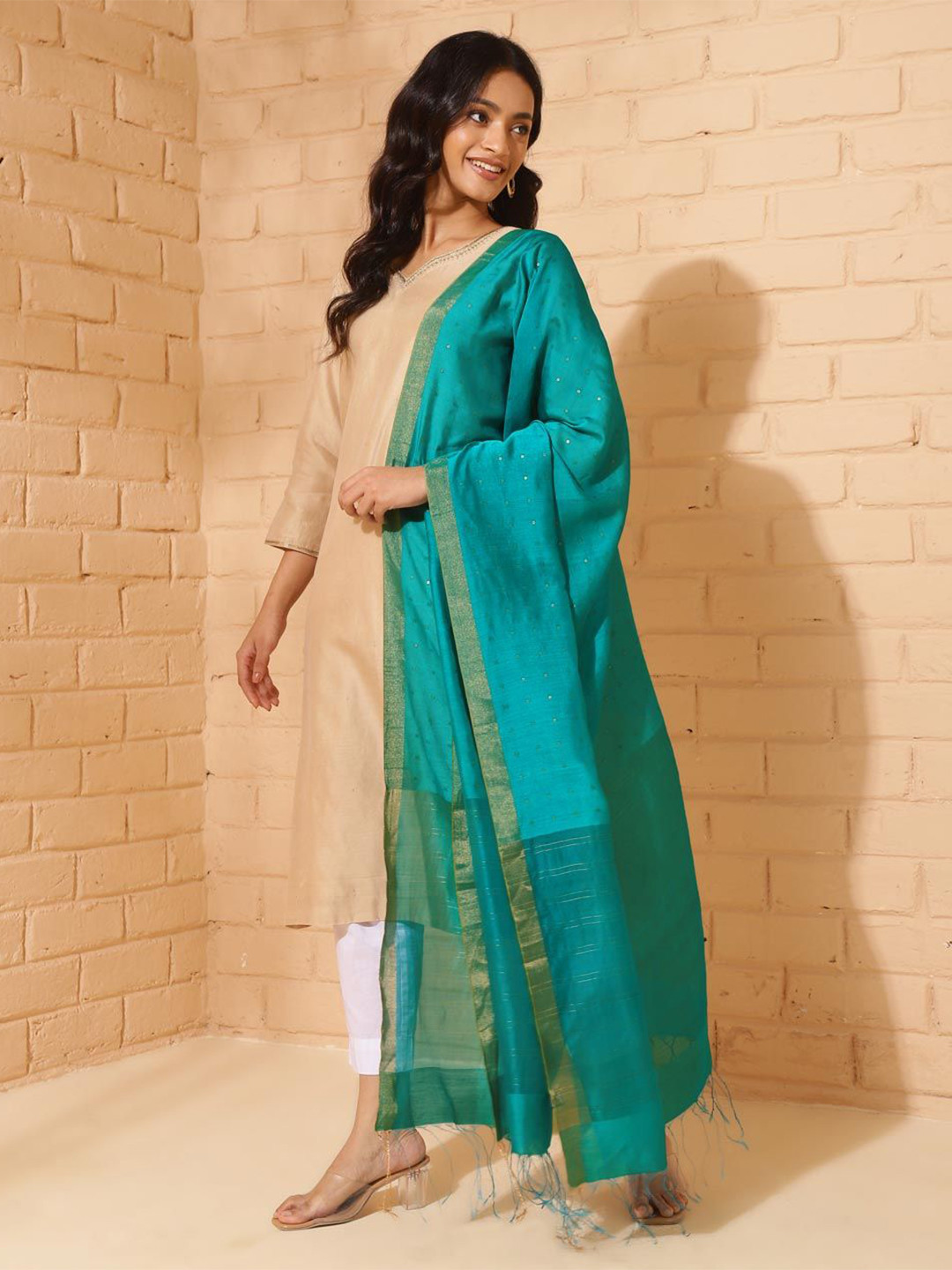 

Fabindia Floral Woven Design Dupatta, Turquoise blue
