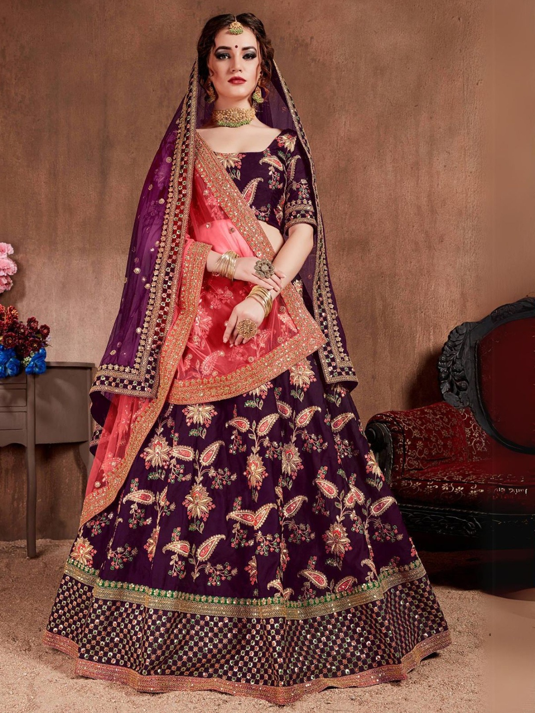 

ODETTE Embroidered Thread Work Semi-Stitched Lehenga & Blouse With Dupatta, Purple
