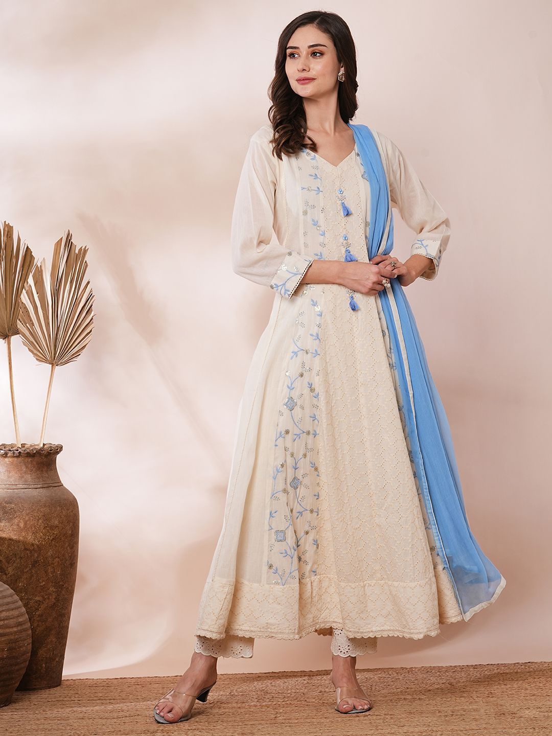 

FASHOR Floral Embroidered A-Line Cotton Ethnic Dress Set, Off white