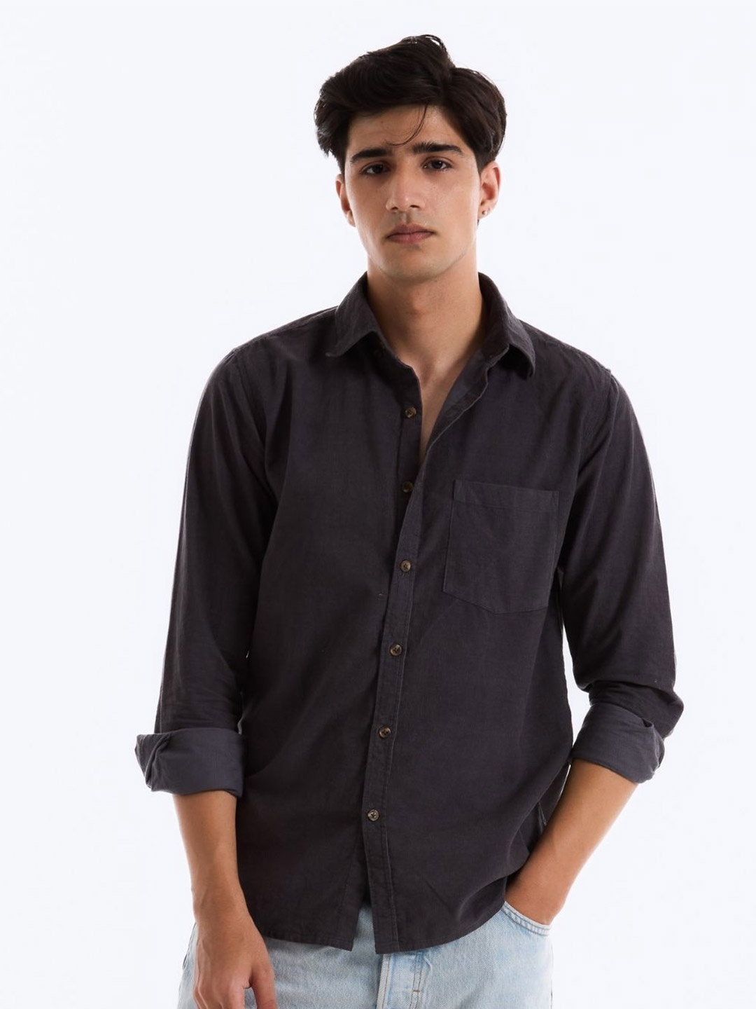 

Beyours Men Standard Spread Collar Solid Cotton Casual Shirt, Black