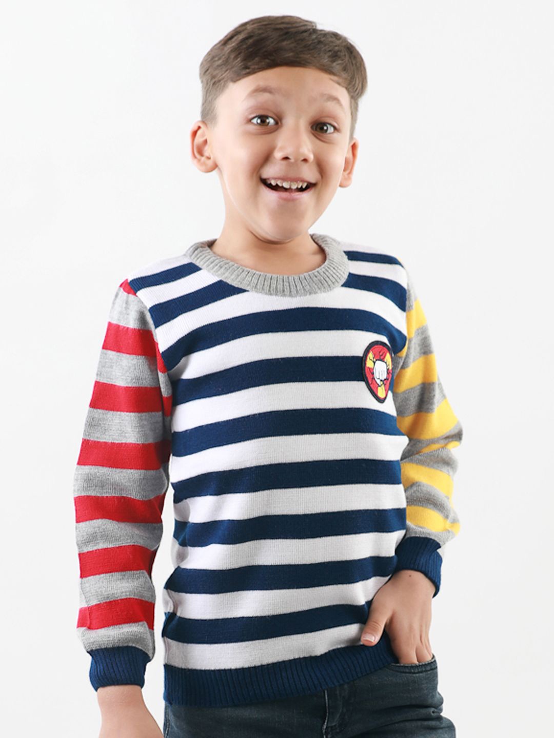 

KNITCO Kids Striped Round Neck Long Sleeves Pullover, White