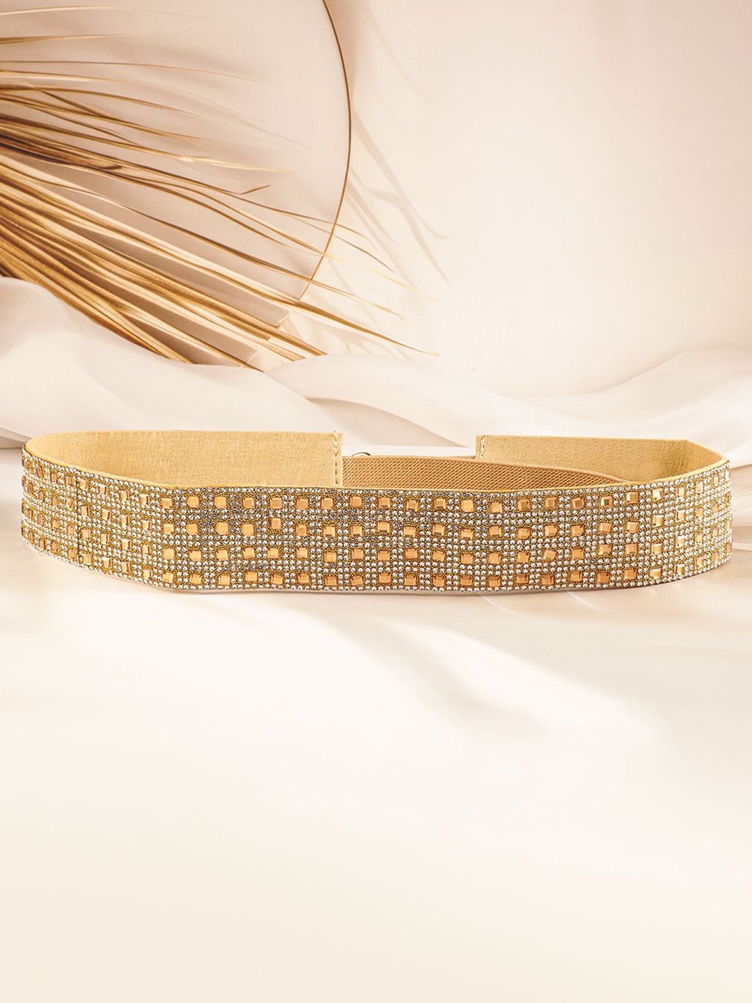 

Rubans Gold-Tone Crystal Zirconia Studed Adjustable Waist Belt with Geometric Block Design