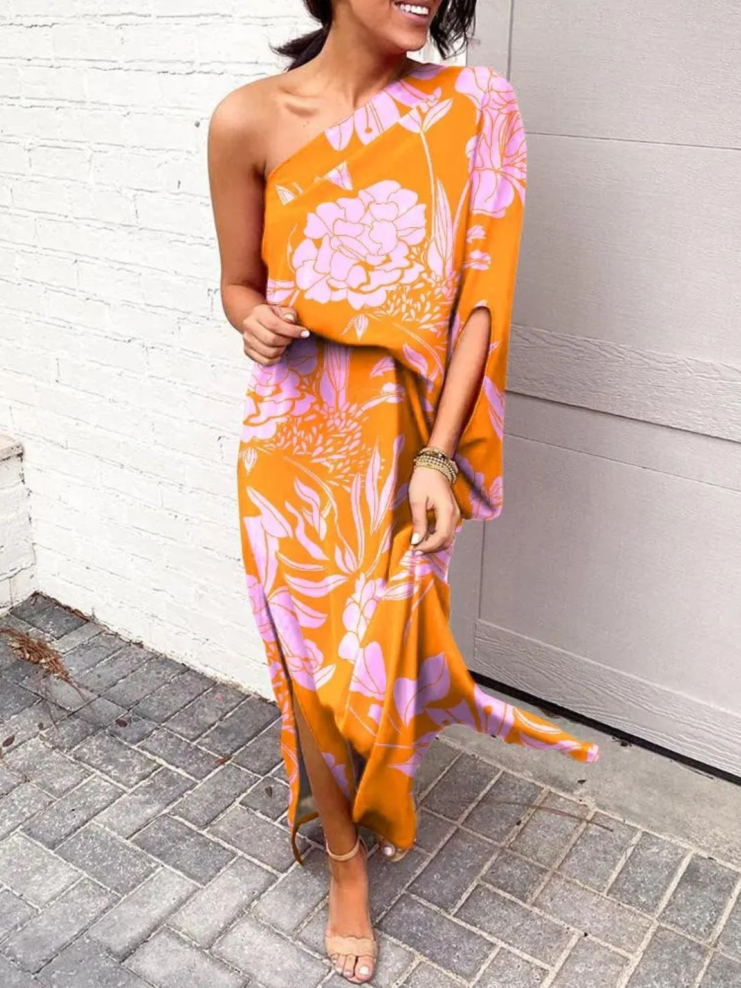 

KPOP Floral Print One Shoulder A-Line Maxi Dress, Orange