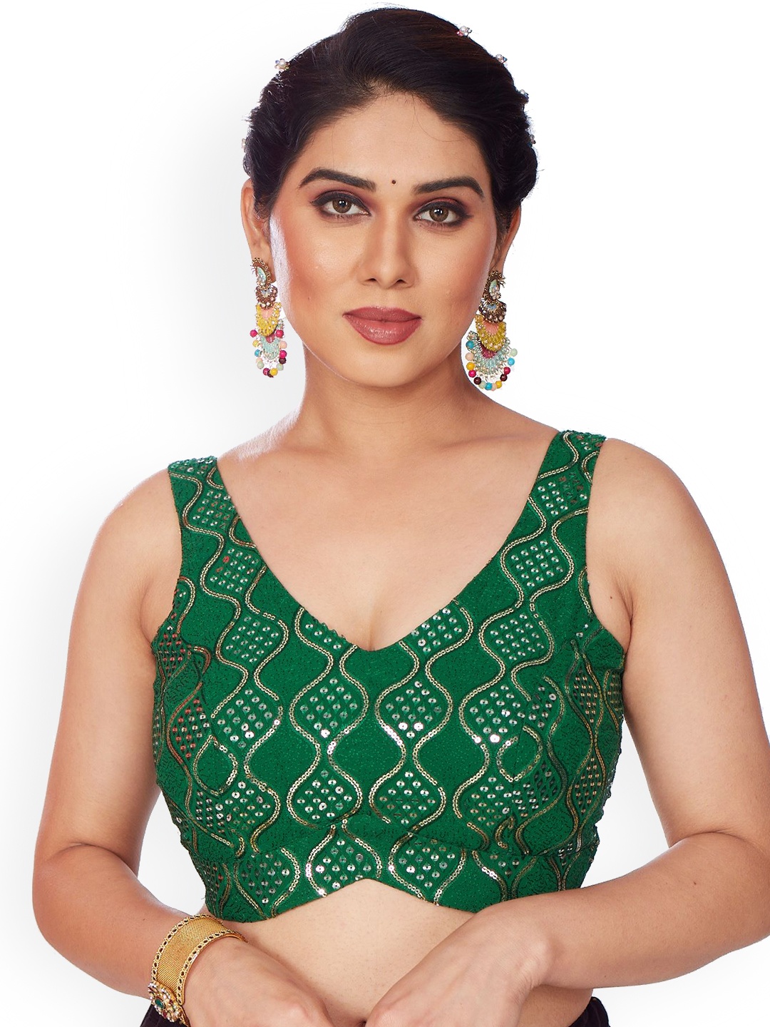 

Mmore Embellished Sleeveless V Neck Saree Blouse, Green