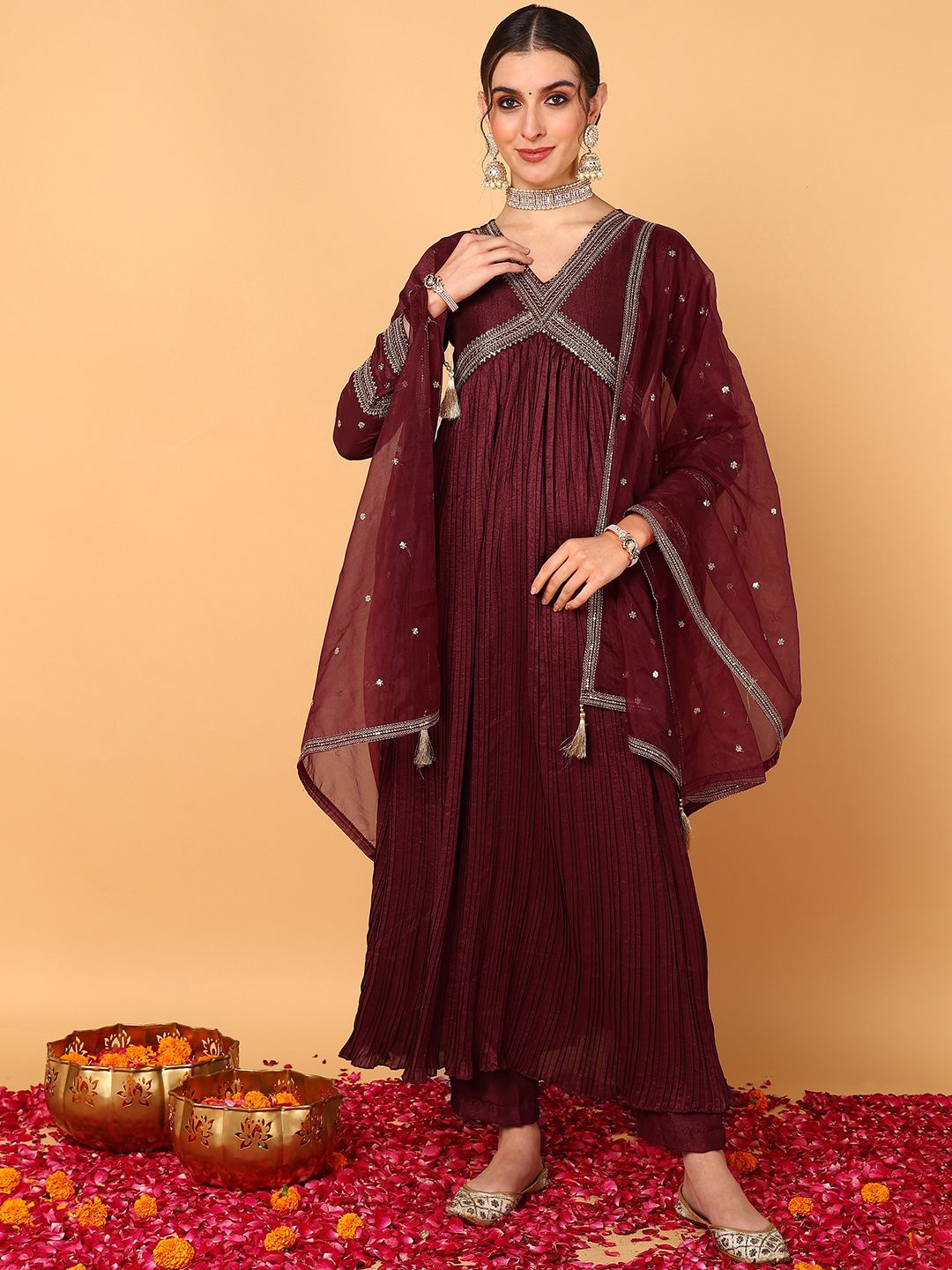 

KALINI Women Floral Yoke Design Pleated Kurta with Trousers & With Dupatta, Maroon