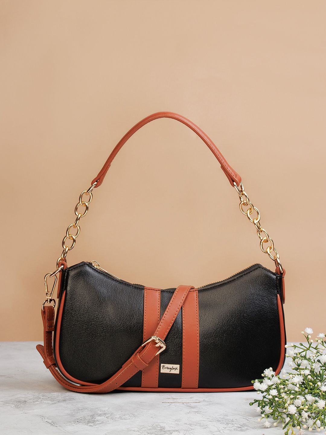 

Berrylush Women Structured Colourblocked Shoulder Bag With Detachable Sling Strap, Black