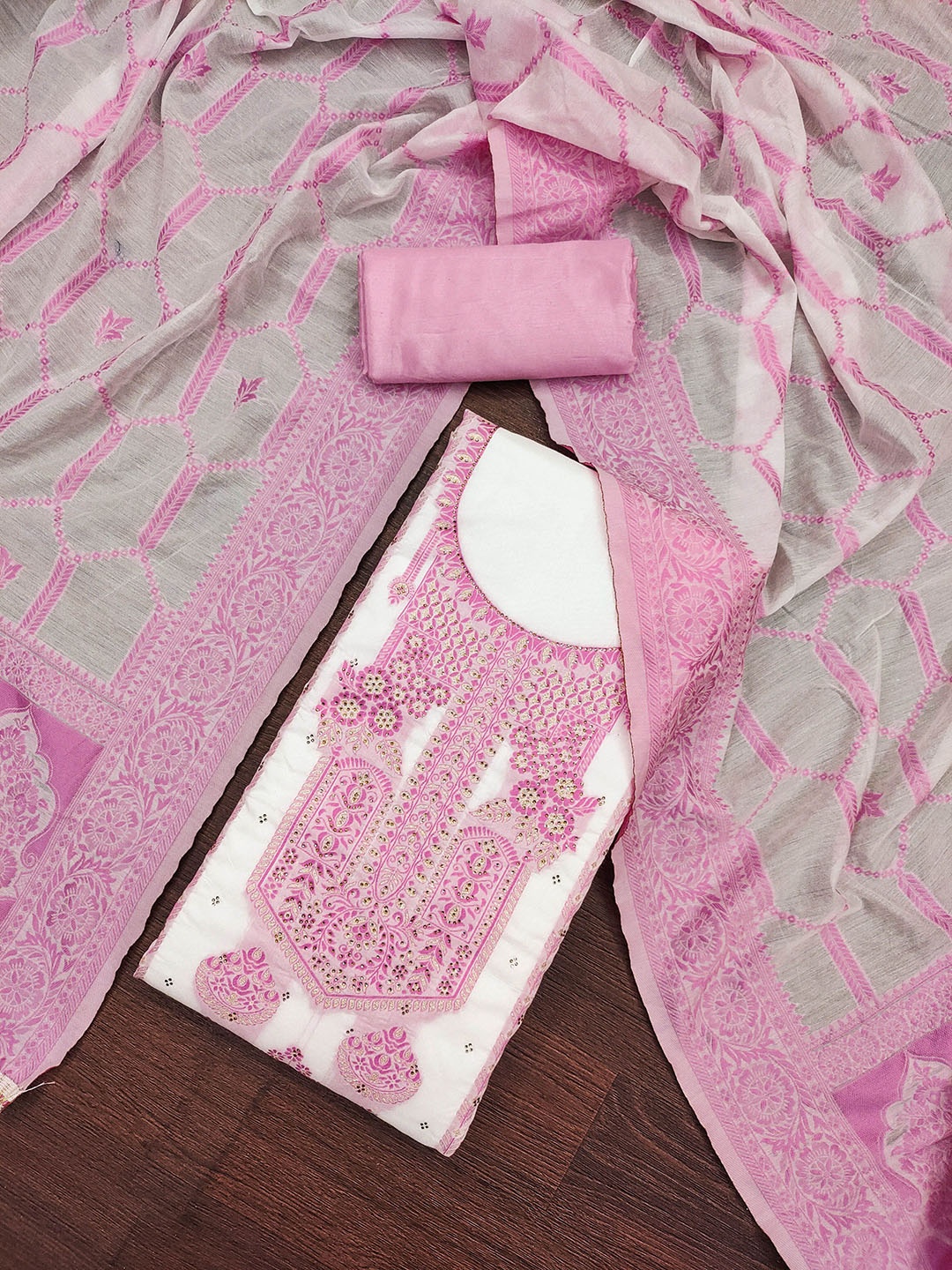 

Maroosh Beads & Stones Unstitched Dress Material, Pink