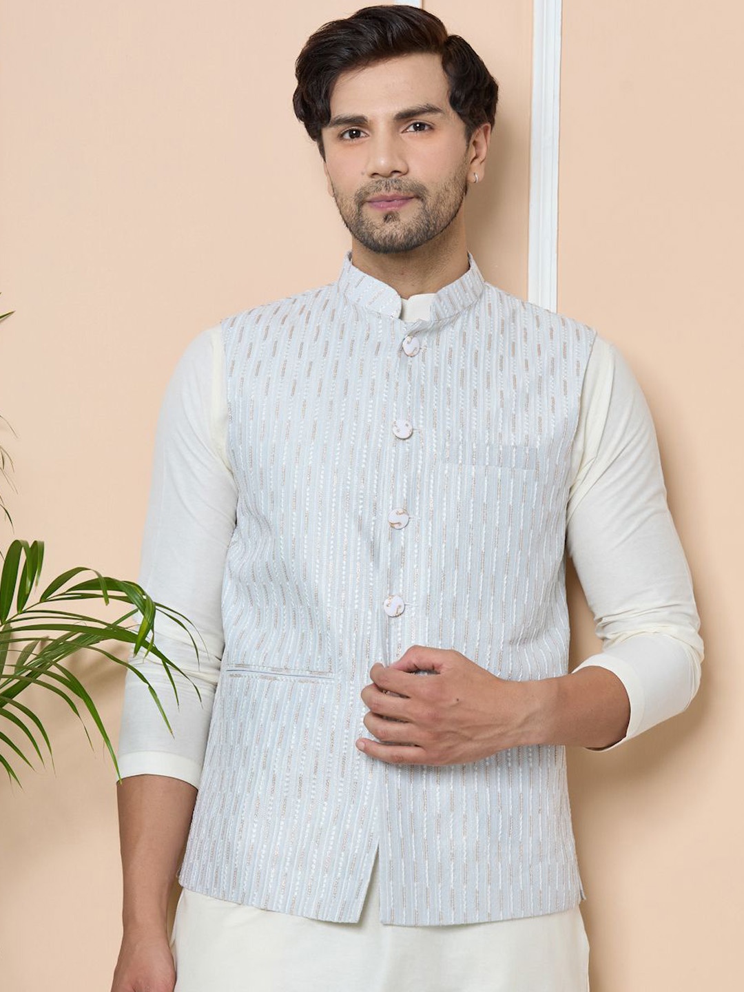 

See Designs Embroidered Pure Cotton Nehru Jacket, Grey