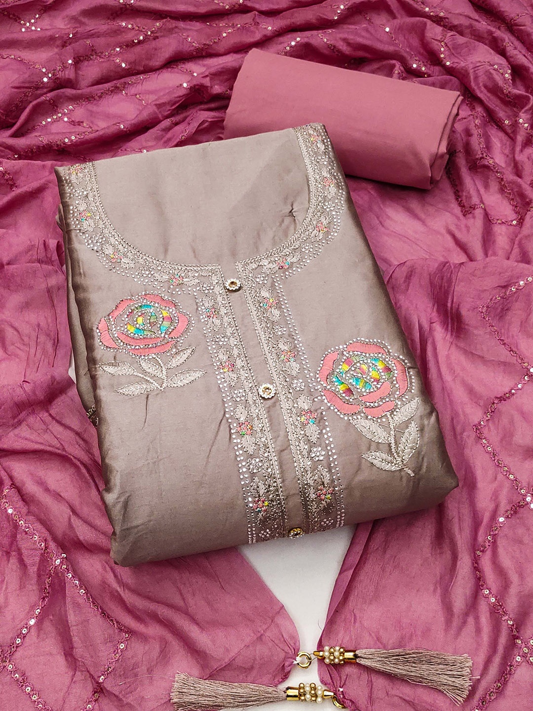 

KALINI Floral Embroidered Unstitched Dress Material, Beige