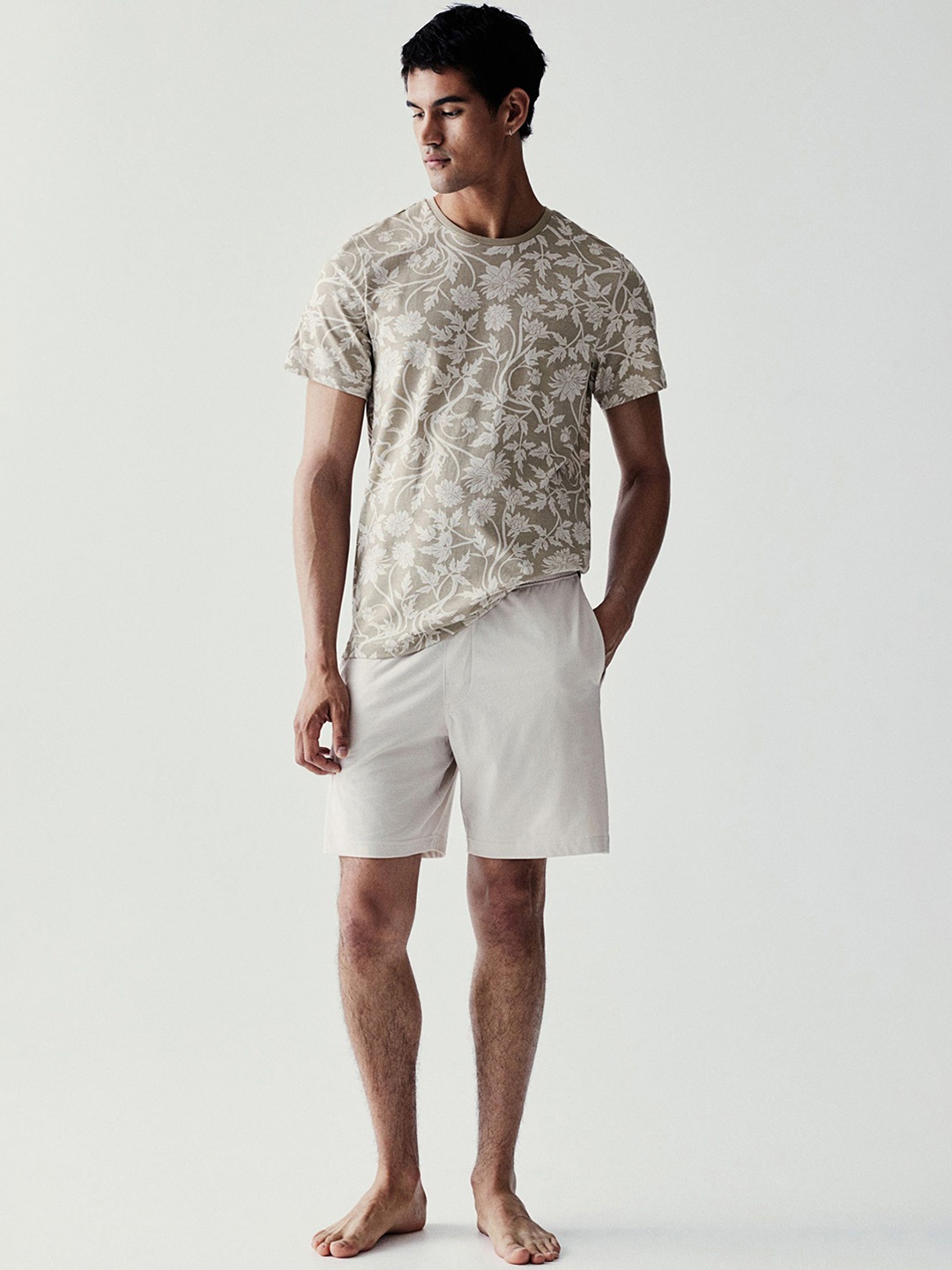 

H&M Men Printed Regular Fit Pure Cotton T-shirt & Shorts Night Suit, Beige