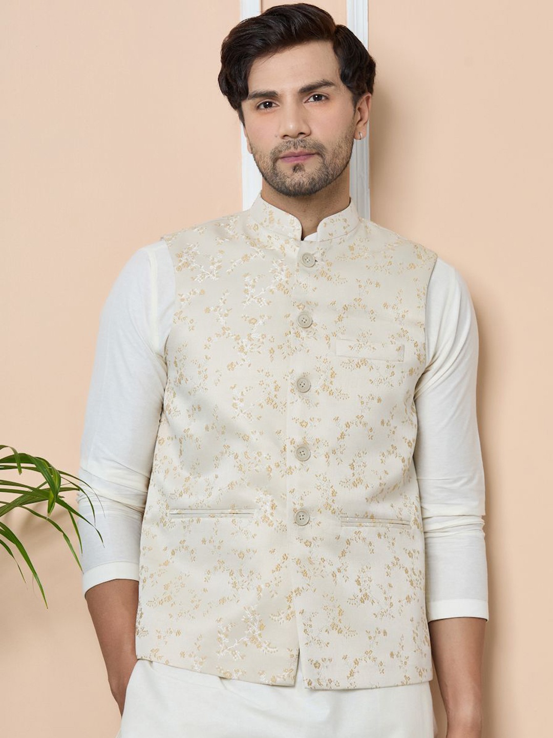 

See Designs Woven Design Mandarin Collar Neck Nehru Jacket, Beige