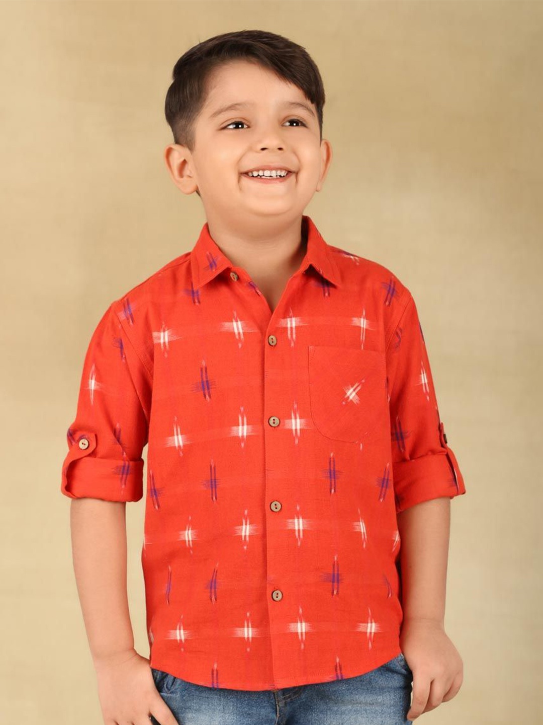 

Fabindia Boys Spread Collar Conversational Printed Cotton Casual Shirt, Orange