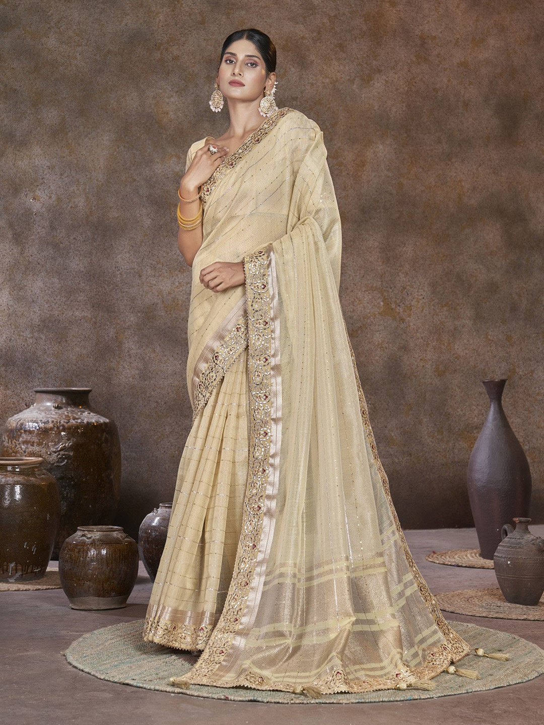 

Mitera Striped Sequinned Saree, Beige