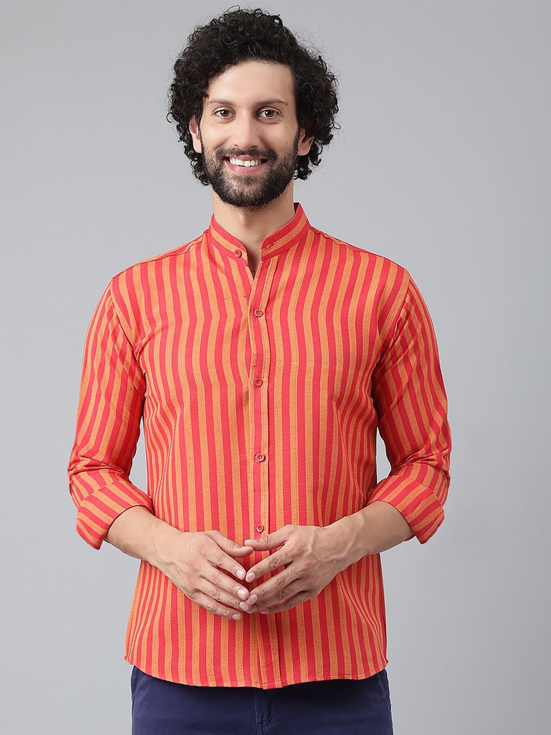 

KLOSET BY RIAG Men Classic Band Collar Vertical Striped Cotton Casual Shirt, Red