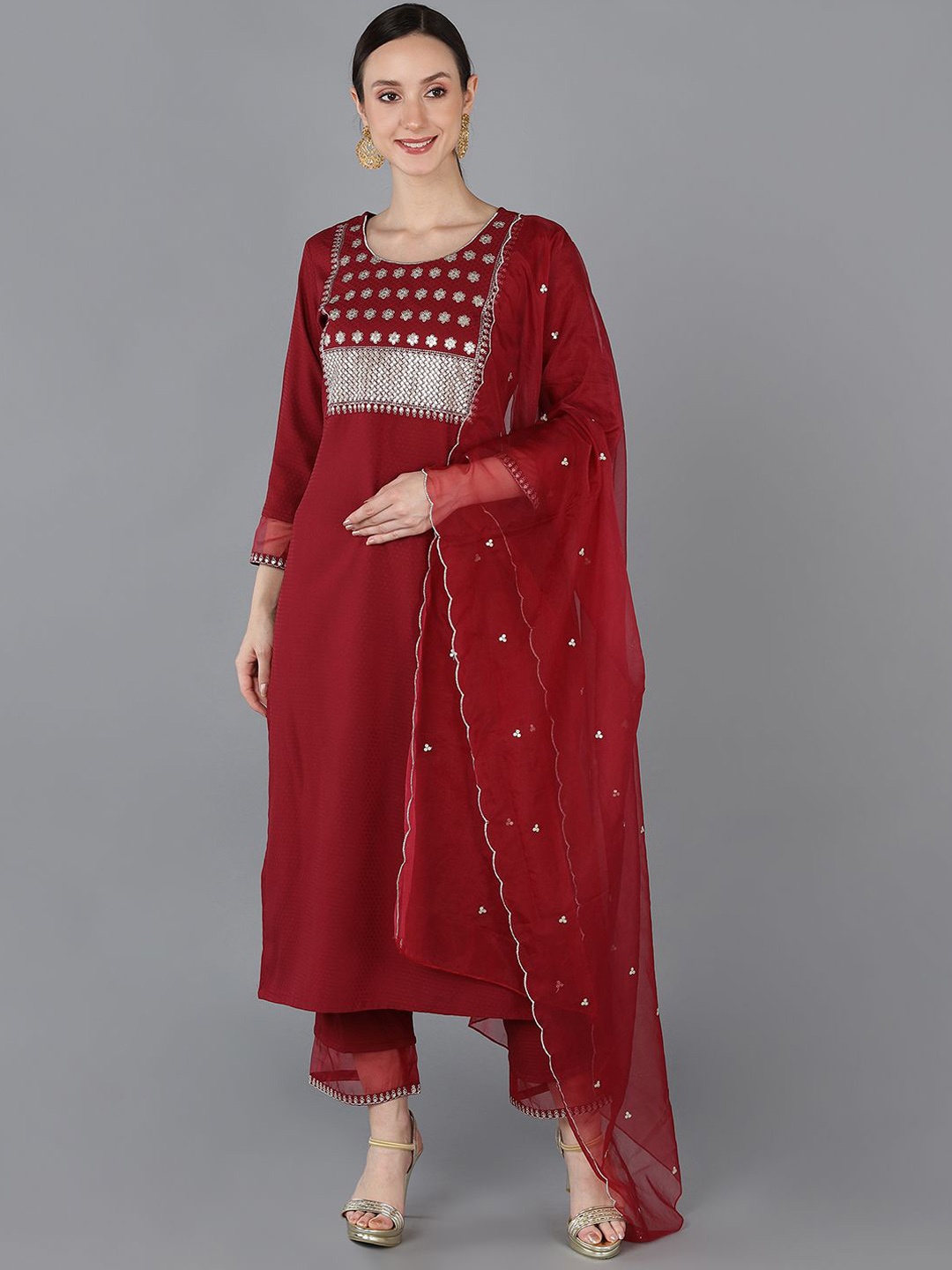 

KALINI Women Ethnic Motifs Embroidered Regular Sequinned Kurta with Trousers & With Dupatta, Red