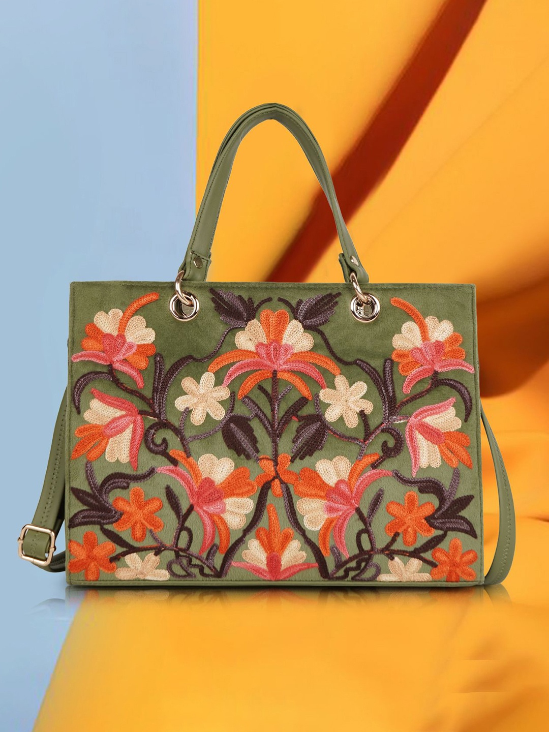 

YOYOWING Women Floral Colourblocked Shopper Satchel bag, Olive