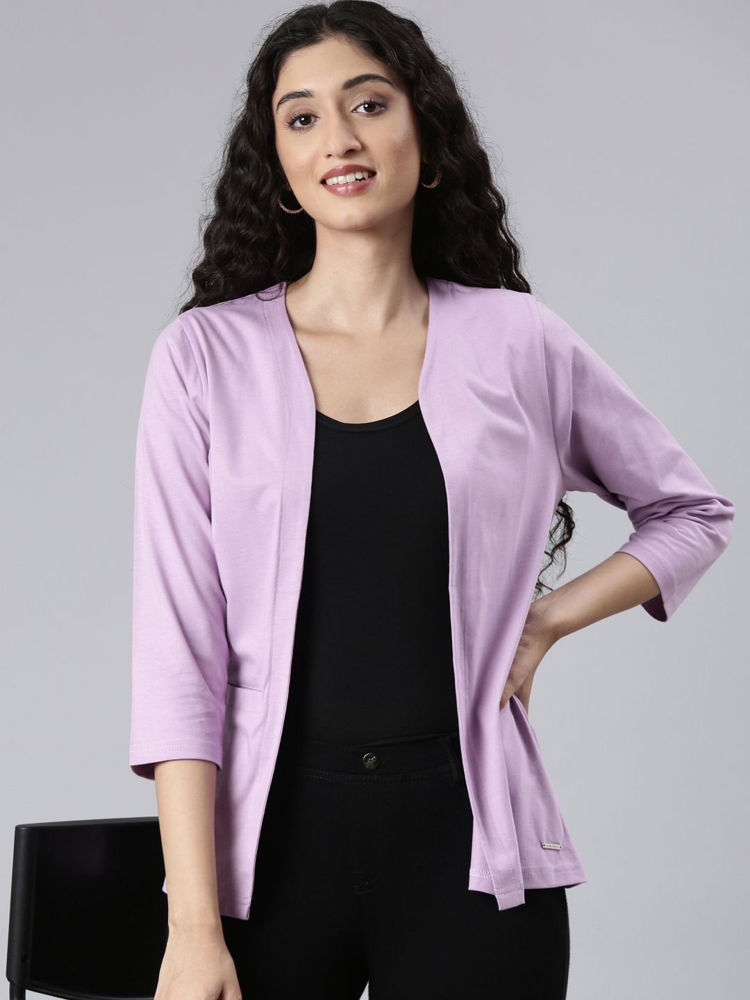 

TWIN BIRDS Three-Quarter Sleeves Pure Cotton Open Front Shrug, Lavender