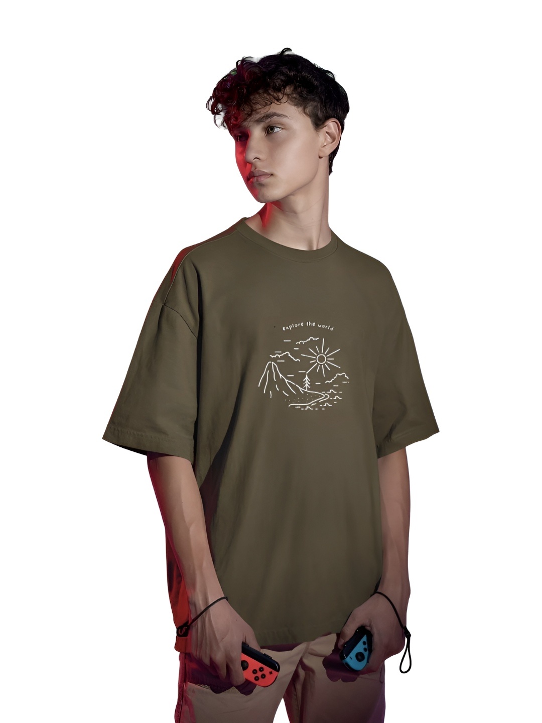 

TBS- THE BARGAIN STREET Men Bio Finish Graphic Printed Round Neck Cotton Oversized T-shirt, Olive