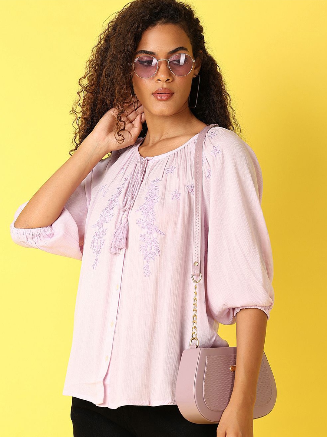 

V-Mart Women Floral Embroidered Round Neck Top, Lavender