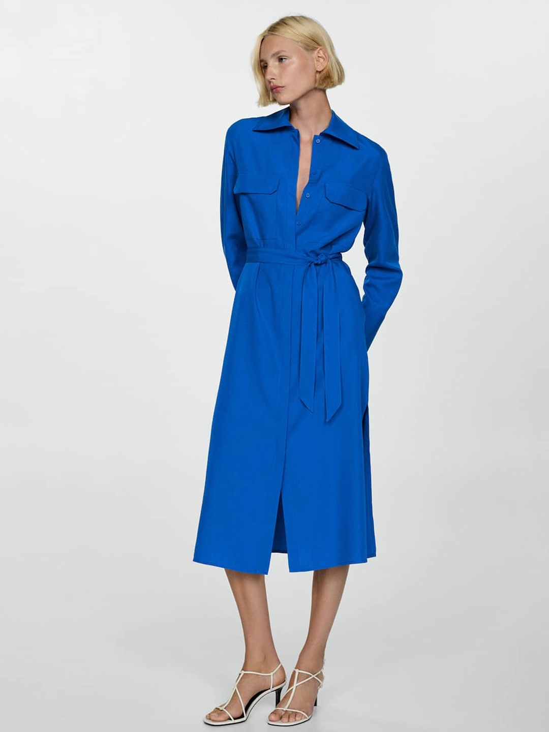 

MANGO Shirt Collar A-Line Midi Dress With Tie-Up Detail, Blue