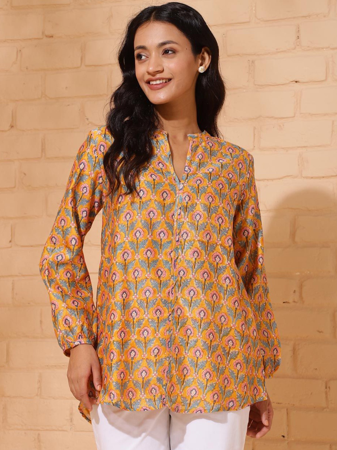 

Fabindia Printed Mandarin Collar Cotton Tunic, Orange