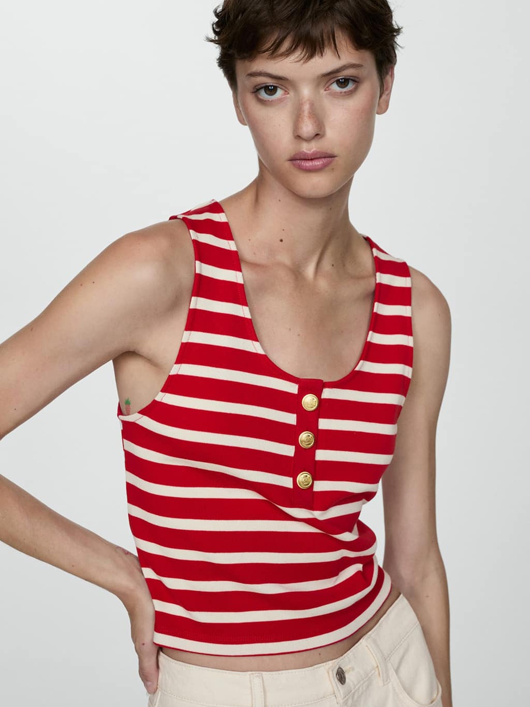 

MANGO Striped Cotton Top, Red