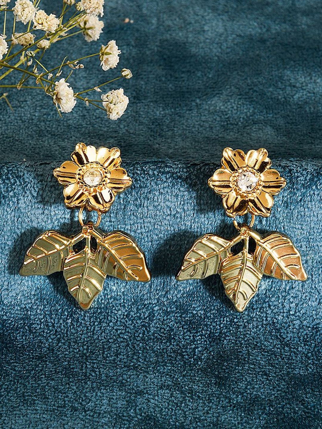 

Kalakrith Milano Crystals Studded Leaf Drop Earrings, Gold