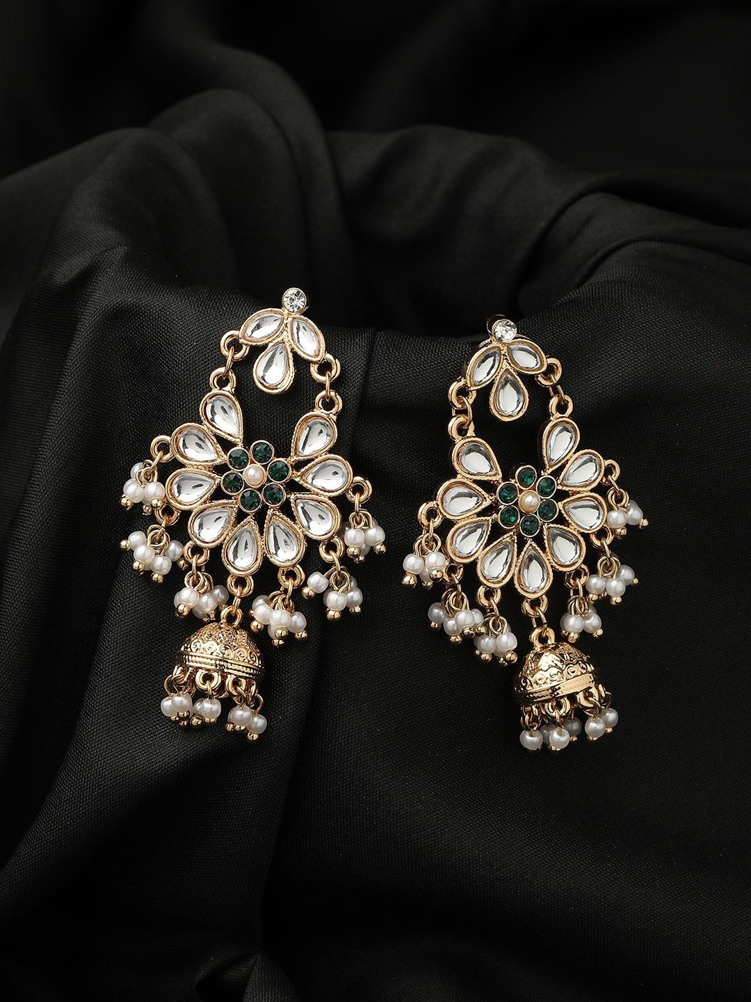 

Kalakrith Milano Contemporary Kundan & Pearls Beaded Jhumkas, Green