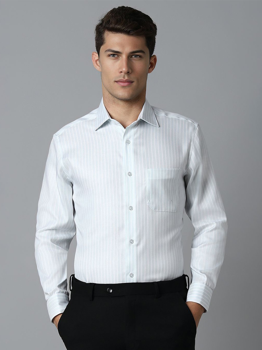 

Louis Philippe Men Classic Spread Collar Vertical Striped Cotton Formal Shirt, Blue