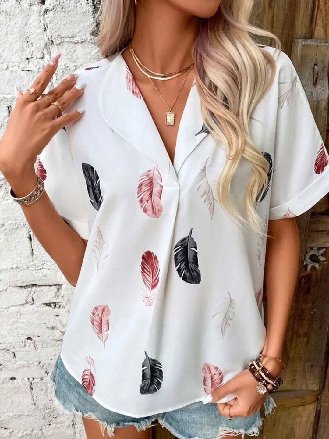 

KPOP Women Tropical Printed Lapel Collar Top, White